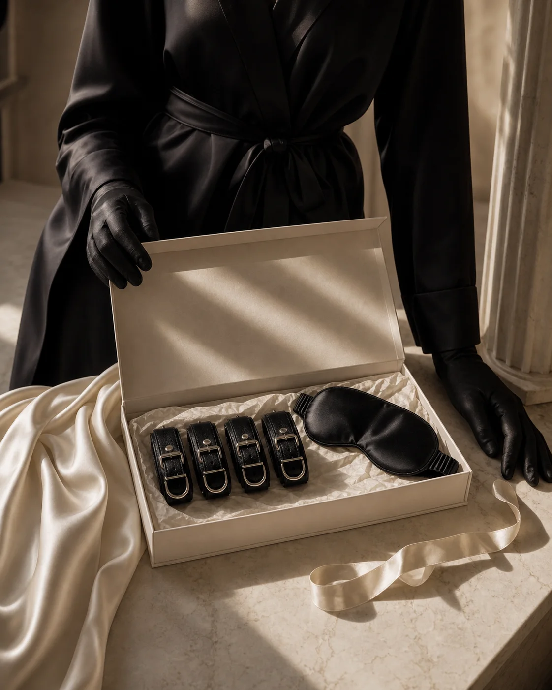 An adult model in black silk beside a Nocturne restraint set in an ivory box